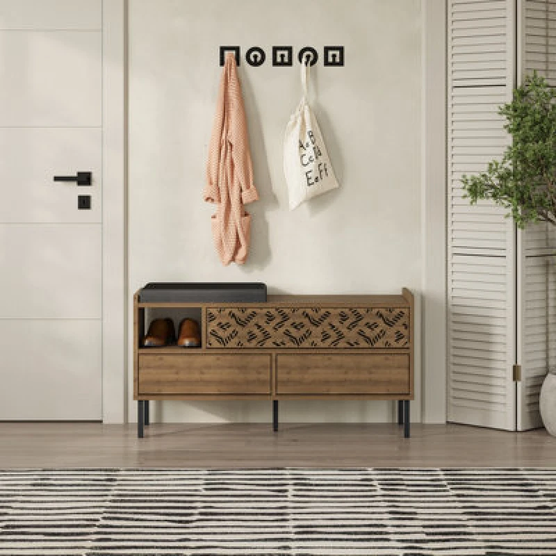 Image of Decortie Heaton Shoe Bench Dark Oak Effect W/ Fabric Cushion Seat 3-Door Storage Cabinet 111(W)X37(D)X56.5(H)Cm Metal Legs Hallway