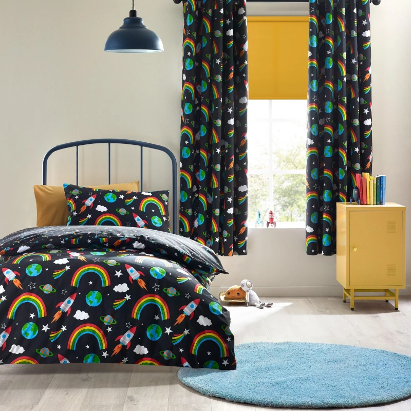 Image of Catherine Lansfield Rainbow Rockets Reversible Duvet Cover Set Black unisex Single