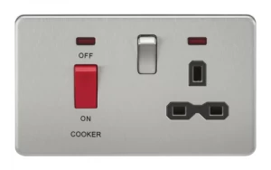 Image of KnightsBridge 45A 2G DP 230V Screwless Brushed Chrome Switch With Neon and Socket - Black Insert