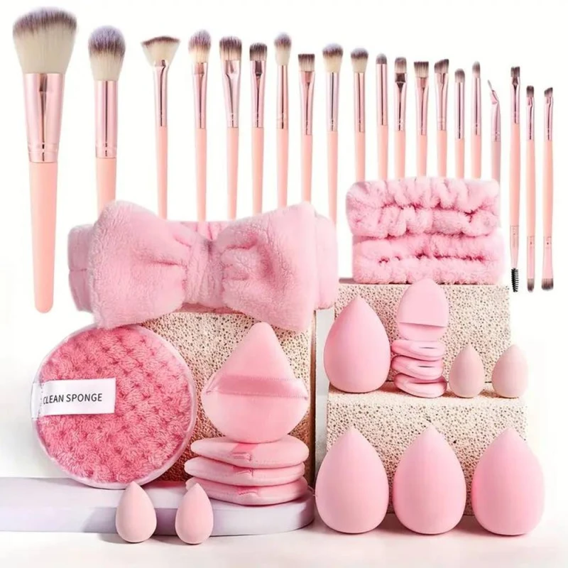 Image of Dyzi Pink: 40 Piece Complete Makeup Brush Set ? Soft Brushes, Beauty Blender & Puffs ? Pink DYZI0040