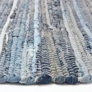 Image of Blue Denim Handwoven Striped Chindi Rug, 66 x 200cm - Blue - Homescapes