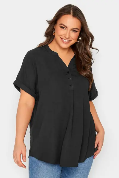 Image of Yours Half Placket Short Sleeve Blouse Black