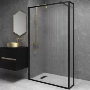 Image of Black 1200mm Fluted Glass Wet Room Shower Screen with Wall Support Bar & Reutrn Panel - Volan