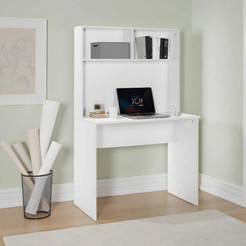 Image of FWStyle FWStyle Matt White Home Office Study Desk With Storage Hutch White One Size Unisex 5056413130815
