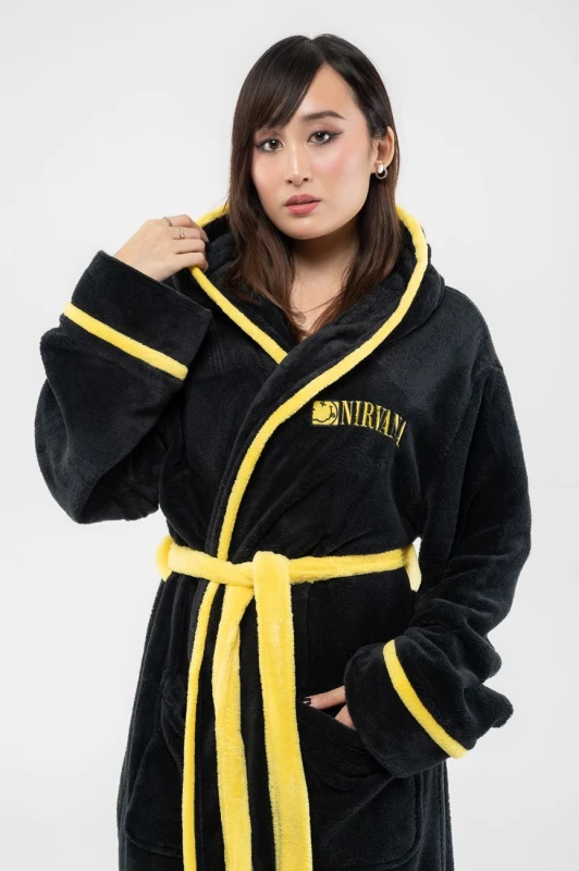 Image of Nirvana Yellow Smile Bathrobe Black unisex