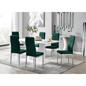 Image of Furniturebox UK - Furniturebox Imperia 6 High Gloss White Modern Dining Table and 6 Green Milan Faux Leather Dining Chairs With Silver Legs Diamond