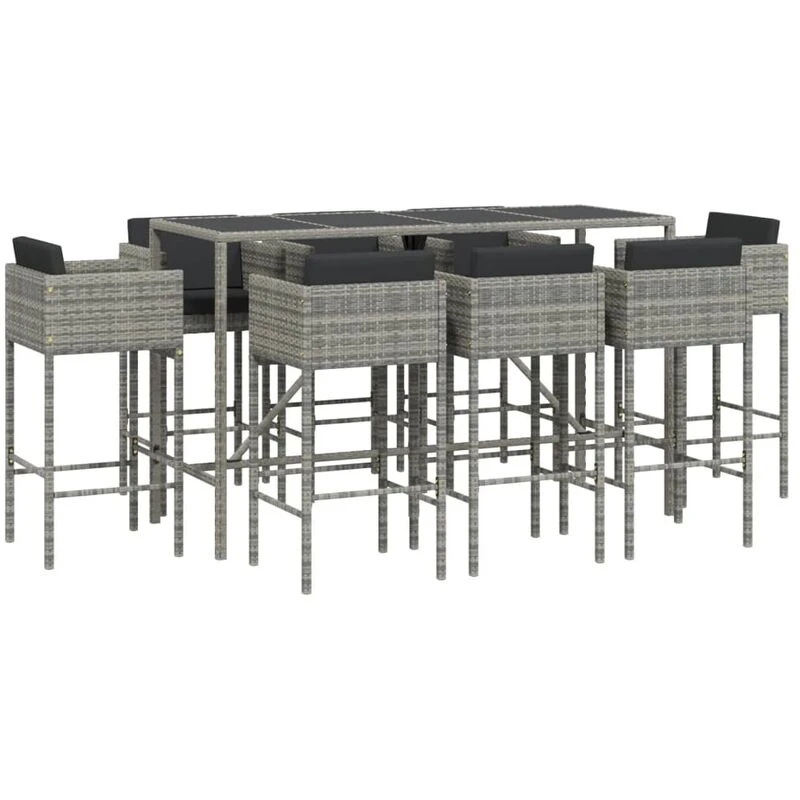Image of vidaXL 9 Piece Garden Bar Set with Cushions Grey Poly Rattan, Grey 3203938