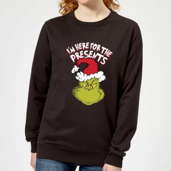 Image of The Grinch Im Here for The Presents Womens Christmas Sweatshirt - Black - 5XL