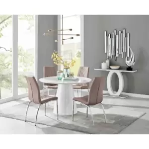 Image of Furniture Box Palma White High Gloss Round Dining Table and 4 Cappuccino Isco Chairs