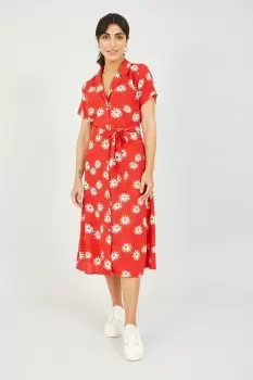 Image of Red Daisy Print Shirt Dress