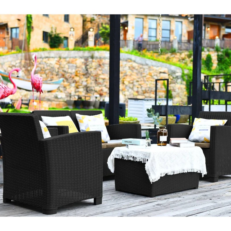 Image of Centurion Supports SANTANA 4-pc PE Rattan 4-Seater with Cushions Garden Furniture in Black Unisex