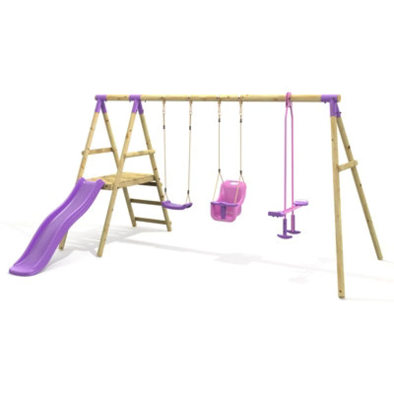 Image of OutdoorToys Rebo Triple Garden Swing Set with Slide for Kids - Voyager Purple in Beige Beige Unisex