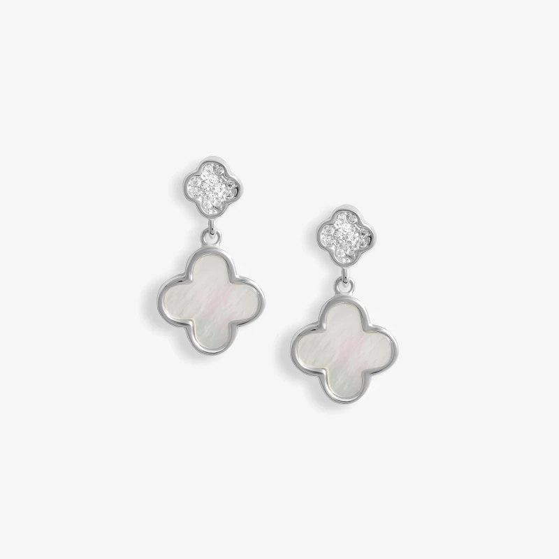 Image of Simply Silver Sterling Silver 925 Pave and Mother Of Pearl double drop Clover stud Earrings Silver