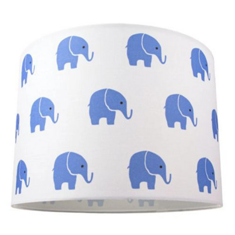 Image of Happy Homewares Blue Elephants Little Ones/kids White Cotton Fabric Bedroom Lamp Or Pendant Shade