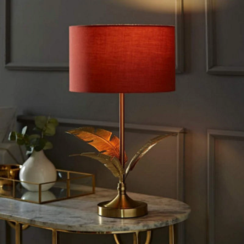Image of ValueLights ValueLights Christina Fabric Drum Shade Gold Palm Leaf Detail Single Stem Table Lamp in Burnt Orange Burnt Orange One Size Unisex 50594060