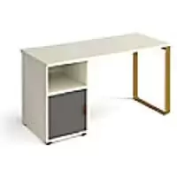 Image of Rectangular Sleigh Frame Desk with Cupboard White Wood, Metal Sleigh Legs Brass Cairo 1400 x 600 x 730mm