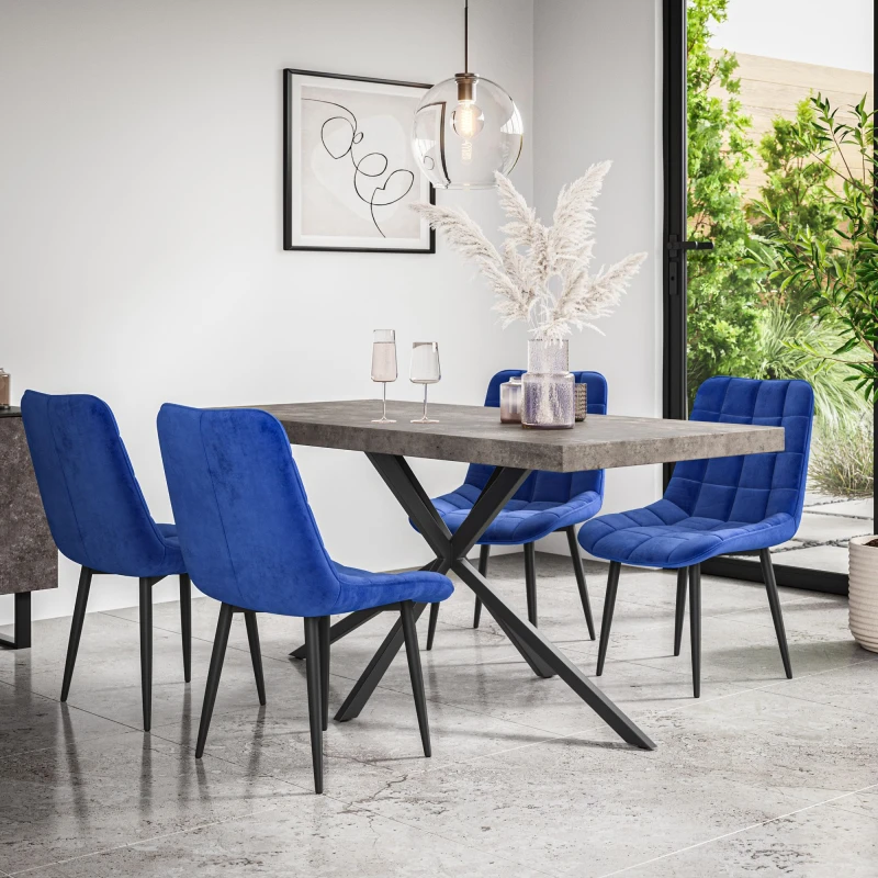 Image of More4Homes Donni Dining Table And Chairs - Concrete Effect Table Top W Black Legs + Nova Velvet Dining Chair Set Of 6 (Blue)