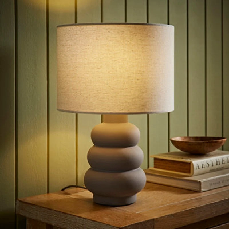 Image of ValueLights ValueLights Rochella Natural Linen Drum Shade Grey Bubble Stack Ceramic Table Lamp and Bulb in Off White Off White One Size Unisex 5059406
