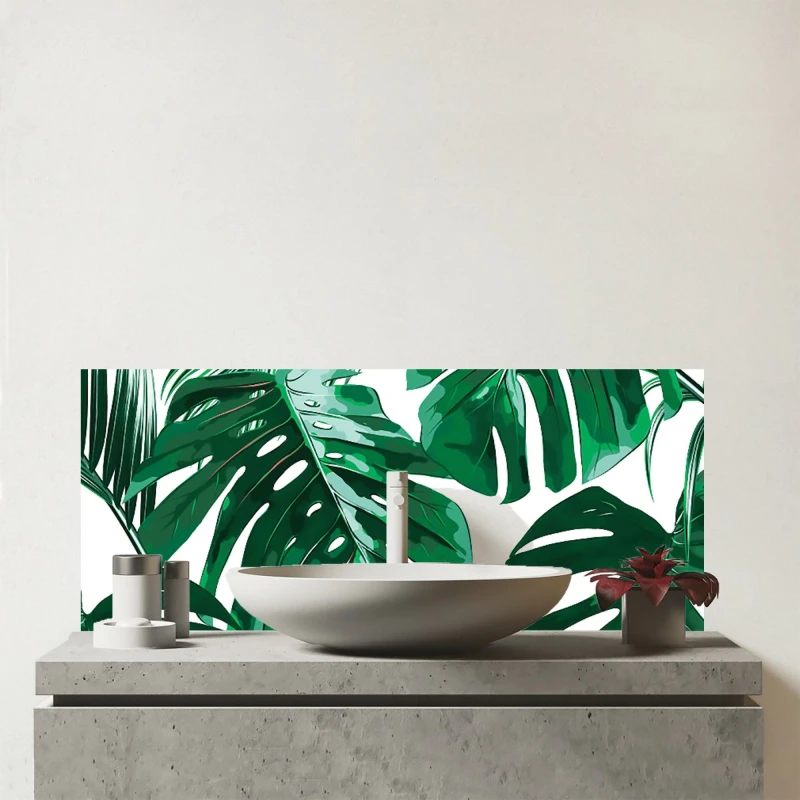 Image of Warren Reed - Designer Tropical Jungle Leaf Pattern Glass Bathroom Splashback in Green Green Unisex
