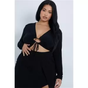 Image of I Saw It First Black Plus Size Slinky Tie Front Long Sleeve Crop Top - Black