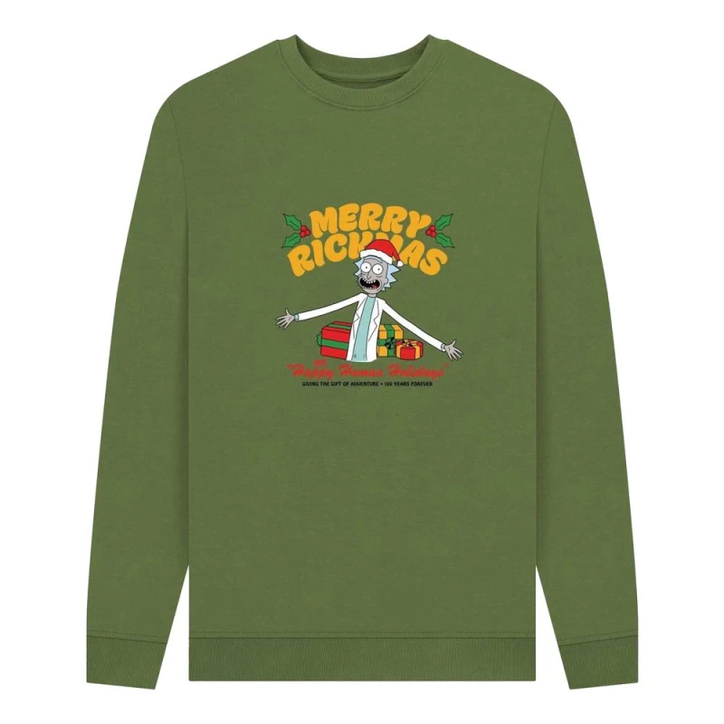 Image of Rick & Morty Mens Happy Human Holidays Sweatshirt in Khaki Size: Small Khaki Male S