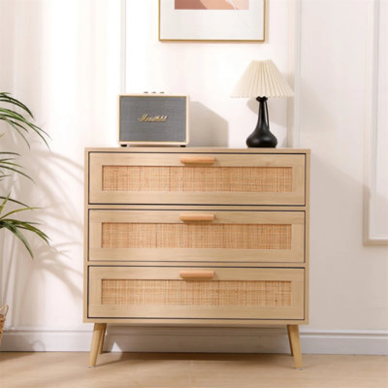 Image of Furniturehmd Ratten Chest Of Drawers,storage 3 Drawer Dresser With Pine Legs,freestanding Cupboard Organiser Unit
