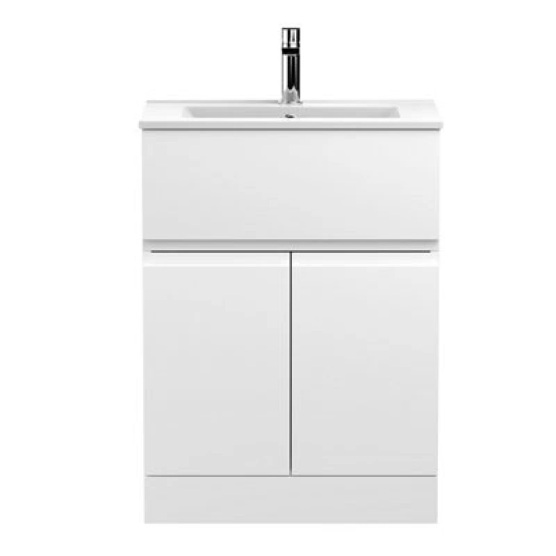 Image of Nuie Hudson Reed Urban Floor Standing 2 Door 1 Drawer Vanity Unit With Minimalist Basin, Modern Vanity Unit In Satin White, 600mm