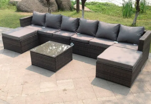 Image of Fimous 6 Seater Outdoor Dark Grey Rattan Lounge Complete Sofa Set with Table and 2 Big Footstools