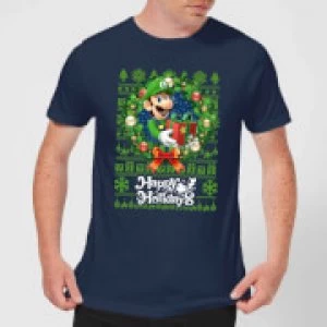 Image of Nintendo Super Mario Happy Holidays Luigi Mens Christmas T-Shirt - Navy - M