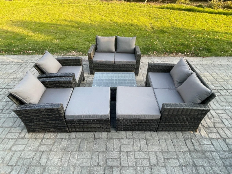 Image of Fimous Outdoor Rattan Garden Furniture Set 8 Seater Patio Lounge Sofa Set with Coffee Table 2 Big Footstool Dark Grey Mixed Dark Grey Unisex