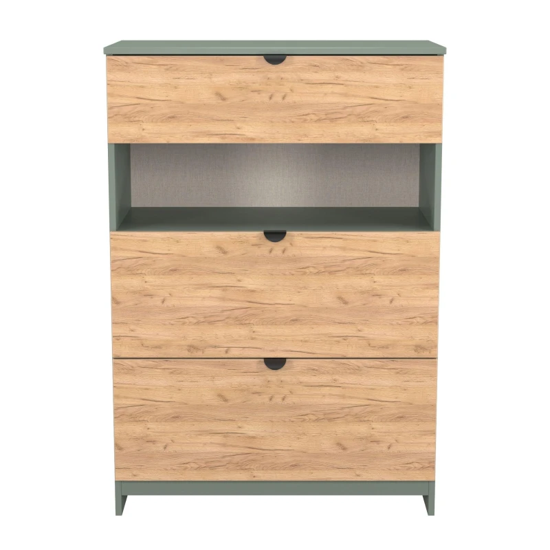 Image of Welcome Furniture Ready Assembled Bora 3 Drawer Open Shelf Deep Chest, Green BOP650GCRG