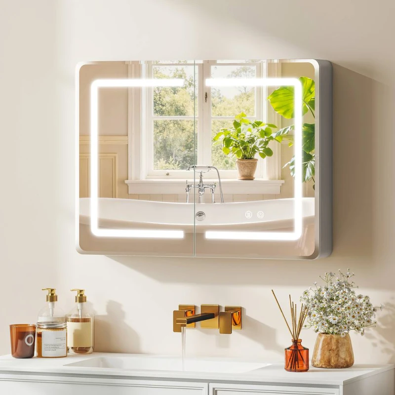 Image of HOMCOM 60 x 80cm LED Bathroom Mirror Cabinet with Double-Sided Mirrors in Silver Size: W600mm x H600mm Silver Unisex W600mm x H600mm