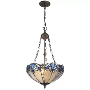 Image of 2 Light Uplighter Ceiling Pendant E27 With 40cm Tiffany Shade, Blue, Clear Crystal, Aged Antique Brass - Luminosa Lighting