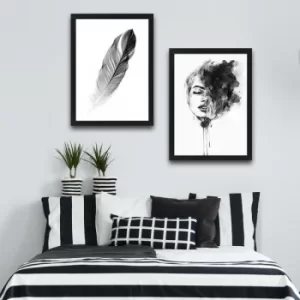 Image of Woman Feather Set Multicolor Decorative Framed Painting (2 Pieces)