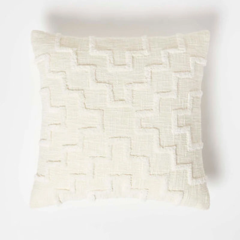 Image of Homescapes Geometric Tufted Cotton Cushion Natural