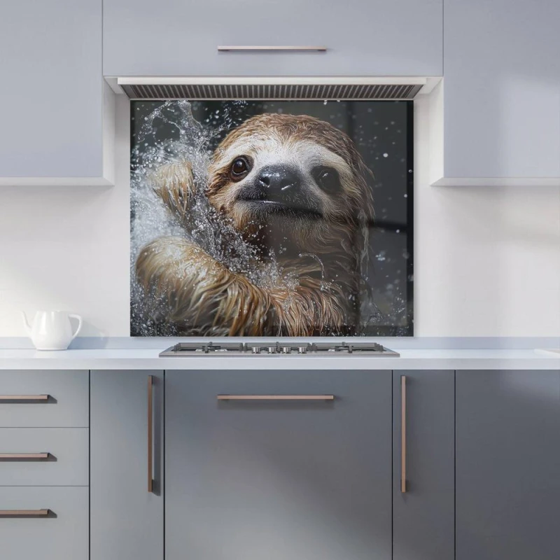 Image of Warren Reed - Designer Gleeful Sloth Splashart Kitchen Splashback in Blue Size: 700mm x 650mm Blue Unisex 700mm x 650mm