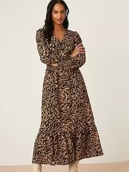Image of Dorothy Perkins Abstract Print Shirred Waist Wrap Midi Dress - Brown, Size 8, Women