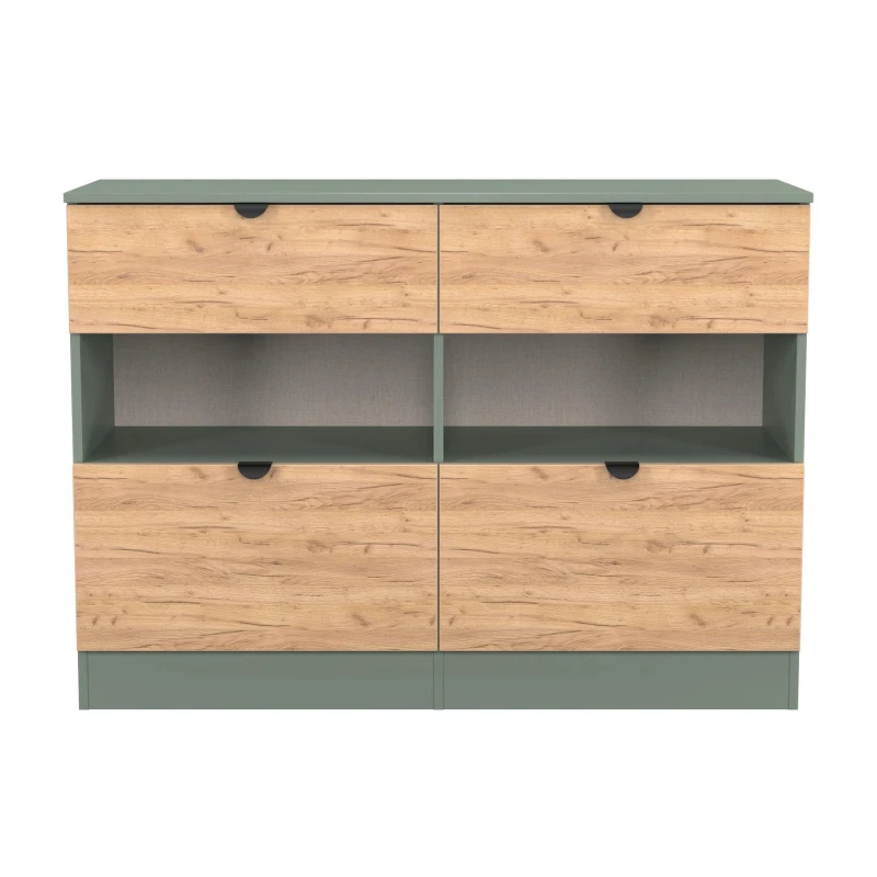 Image of Welcome Furniture Ready Assembled Bora 4 Drawer Open Shelf Wide Chest, Green BOP615GCRG
