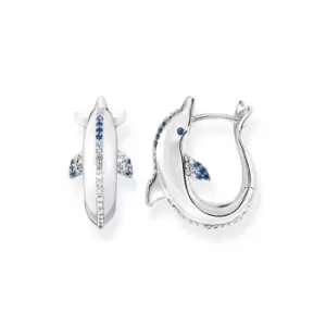 Image of Sterling Silver Dolphin Blue Stones Hoop Earrings CR688-644-1