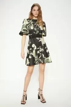 Image of Floral Printed Scuba Lace Trim Skater Dress