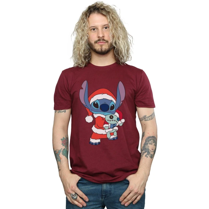 Image of Disney Men Lilo And Stitch Stitch Christmas T-Shirt in Burgundy Size: Small Burgundy S Male 5059400307818
