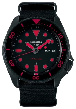 Image of Seiko 5 Sports Mens Black Nylon Strap Black/Red Dial Watch