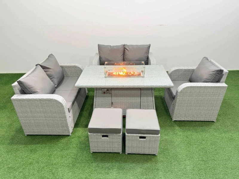 Image of Fimous High Back Poly Rattan Garden Furniture Set with Reclining Chair Loveseat Sofa Firepit Dining Table Indoor Outdoor Patio Set 2 Stool Light Grey