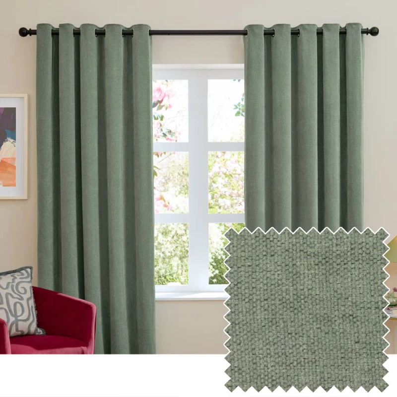 Image of Furn Soft Chenille Blackout Eyelet Curtain Pair in Green Size: 117cm width x 137cm drop Green Unisex 117cm width x 137cm drop