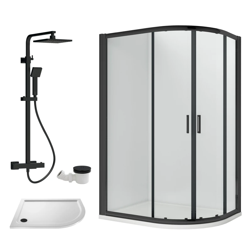 Image of Ruwa Shower Enclosure Bundle - Offset Right Quadrant, Tray, Square Shower & Waste - White/black - 1000mm X 800mm - Balterley