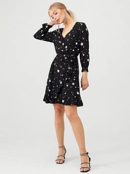 Image of Oasis Star Print Frill Skater Dress - Multi/Black, Multi Black, Size 10, Women