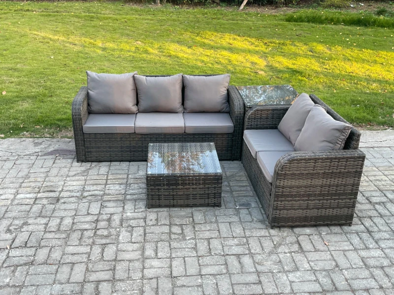 Image of Fimous PE Rattan Garden Furniture Sets 5 Seater Outdoor Lounge Sofa Set Square Coffee Table Side Table Dark Grey