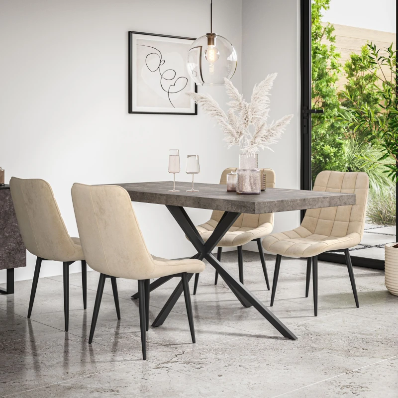 Image of More4Homes Donni Dining Table And Chairs - Concrete Effect Table Top W Black Legs + Nova Velvet Dining Chair Set Of 4 (Beige)