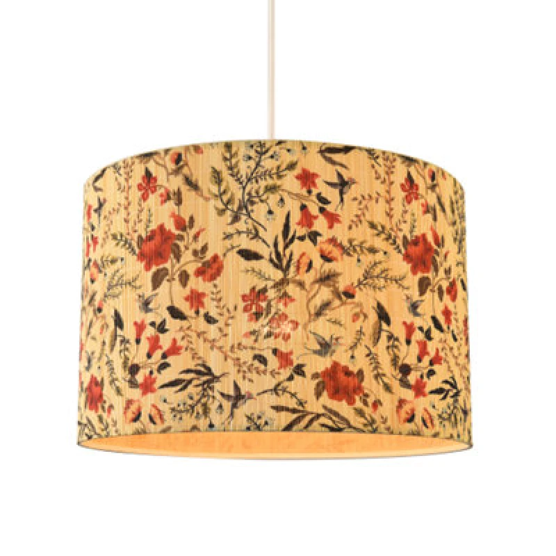 Image of Happy Homewares Bird Theme Bamboo Pendant Lamp Shade With Green Leaves And Red Flowers