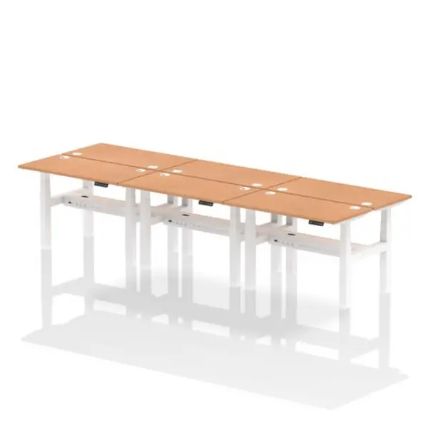 Image of Air Air Back-to-Back 1200 x 600mm Height Adjustable 6 Person Bench Desk Oak Top with Cable Ports White Frame HASCP6P12600OAKW